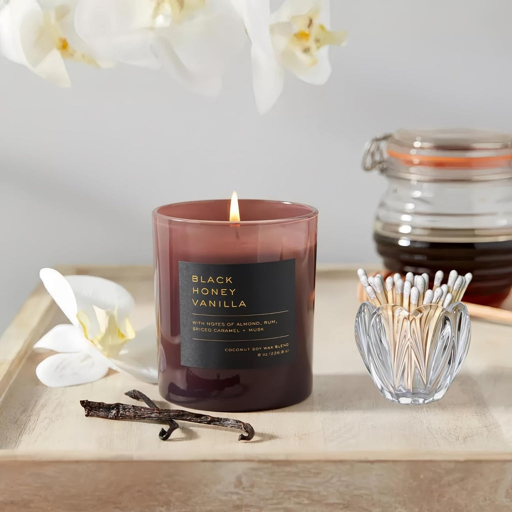 Glass Match Holder with Striker - 4" Matches in a Jar Candle, or Fireplace - Housewarming Gift for Candle Lover