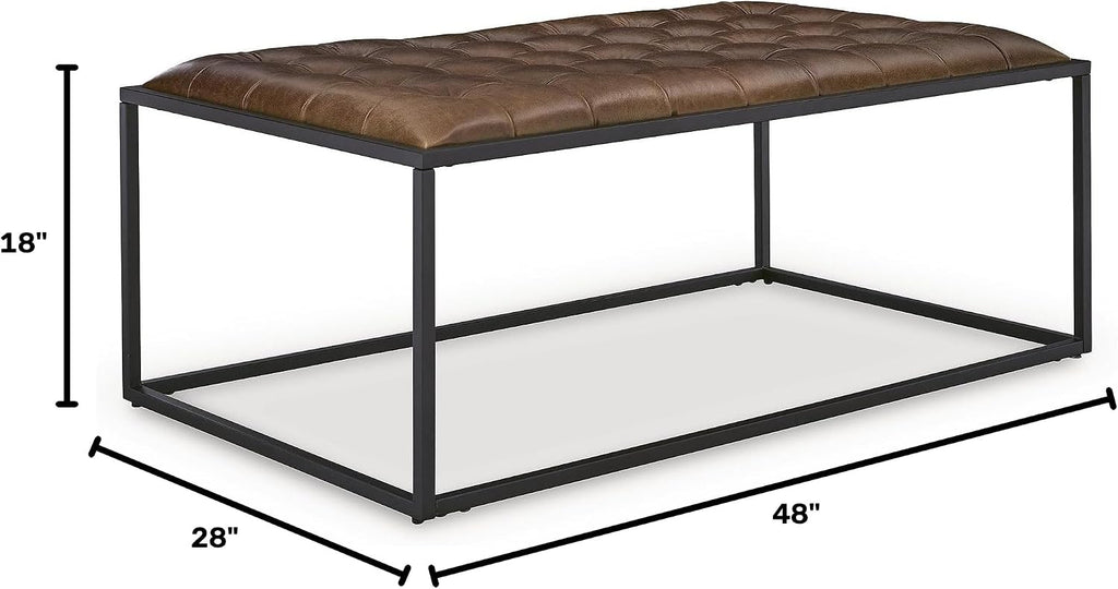 Junsor Leather Coffee Table Ottoman, Brown | 100% top grain leather, Button tufted top, Sturdy black metal frame, 48