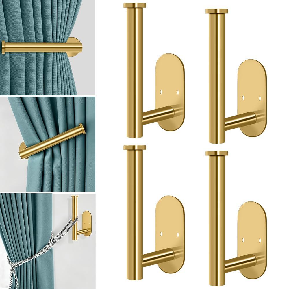 Gold Curtain Tiebacks Adhesive and Screw-in Curtain Holdbacks - 4pcs