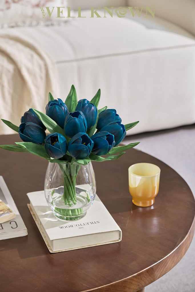 12 Pcs Fake Tulips Artificial Flowers in Vase with Faux Water, Foam Tulip Flower Arrangement with Vase Decor, Dining