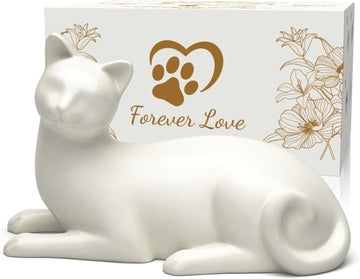 Lying Cat Urns for Ashes White Ceramic Pet Memorial Cremation, White