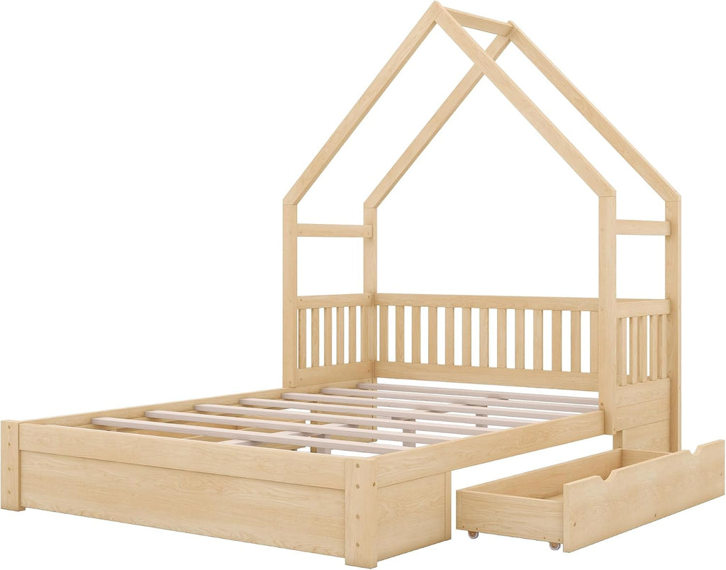Queen Size Wood House Platform Bed with 2 Drawer for Toddlers and Baby, Modern Montessori Platform Bed Frame, No Box
