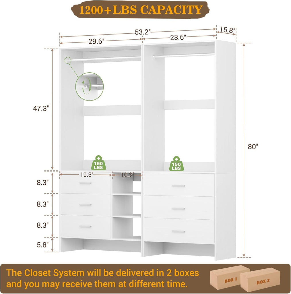 Closet System with 6 Drawers, 4.5ft Wood Closet Organizer System, Walk-in Closet or Small Closets Wardrobe, Clothes