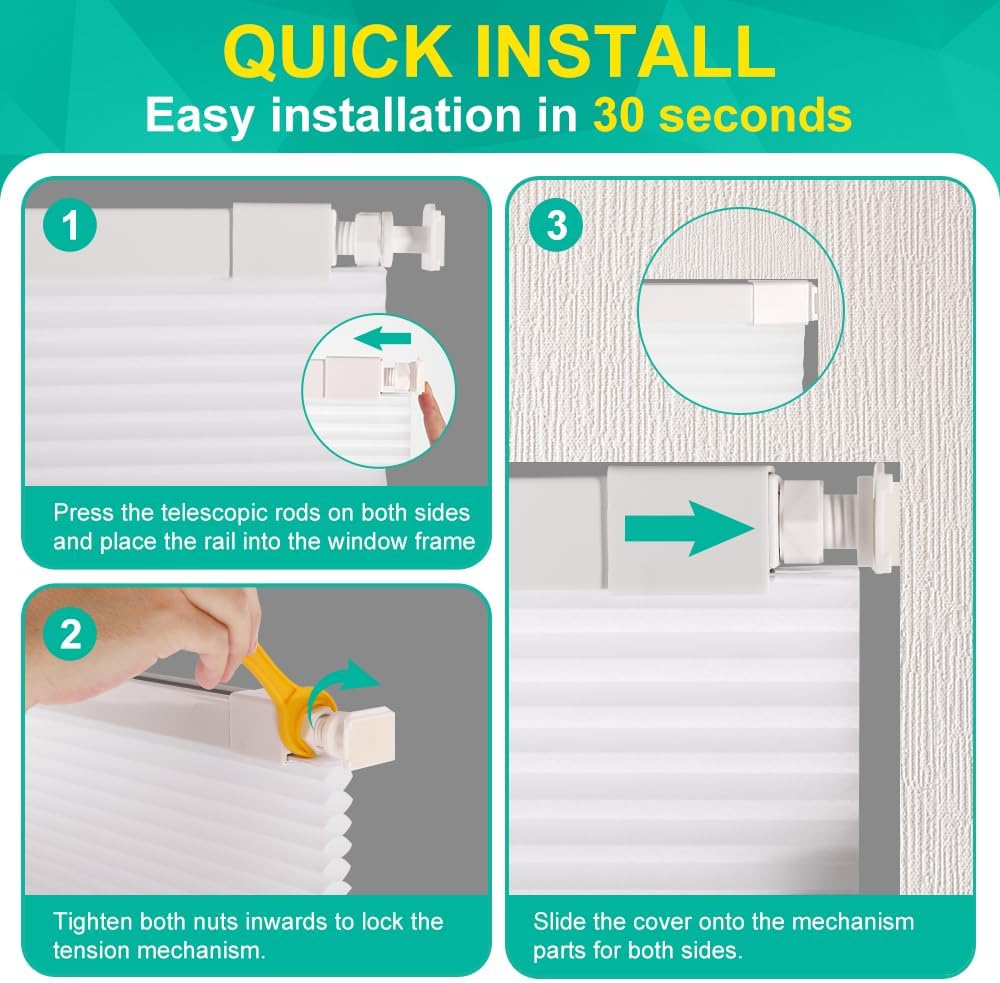No Drill Cellular Shades Light Filtering Honeycomb Blinds White | No Tool No Drill Design for Super Easy