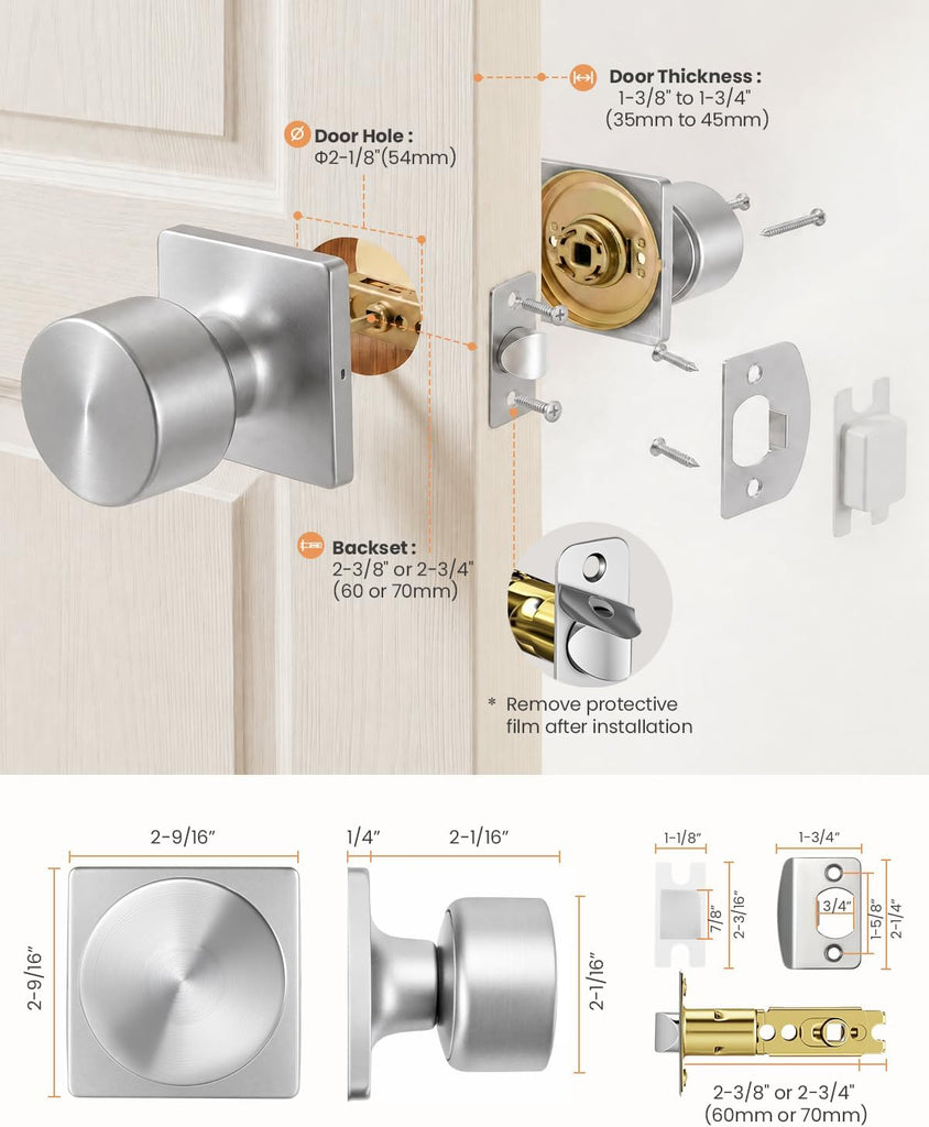 Brushed Nickel Door Knobs Interior, Passage Door Knobs 6 Pack