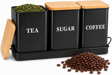 Coffee Tea Sugar Container Set , 50 oz Metal Kitchen Canisters-Black