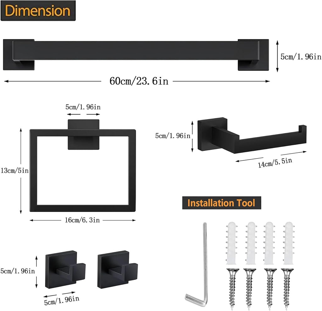 5 Piece Towel Bar Set - 23.6Inch Bathroom Towel Holder - Matte Black | Stainless Steel Towel Racks Wall Mounted
