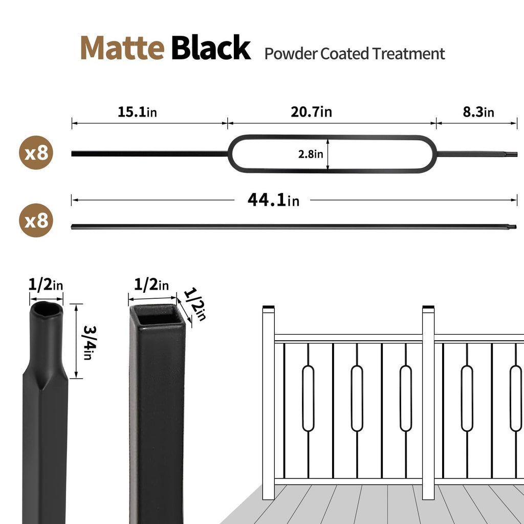 16 Pcs Iron Balusters for Staircase - 44 Inches Wrought Iron Balusters, Balusters for Staircase Interior Satin Black