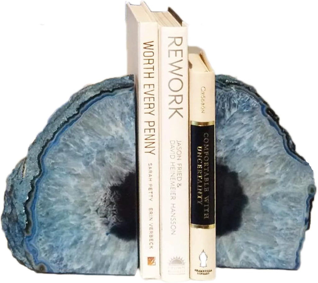 Heavy Blue Agate Geode Bookends Anti-Slip Rubber Pads Decor 6-8 lbs | 1Pair dyed blue crystal bookends Large heavy