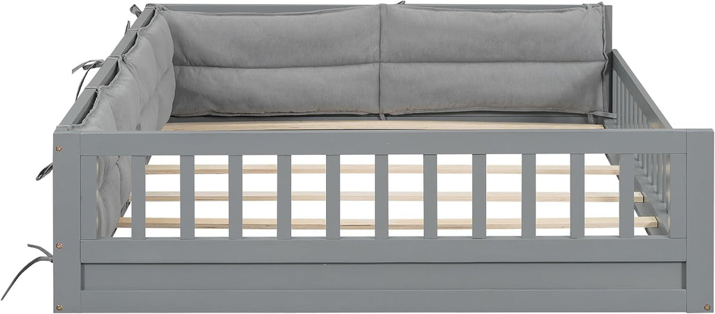 Floor Bed with Fence and Pillow, Kids Montessori Bed with Safety Guardrails, Solid Wood Playhouse Bed Frame