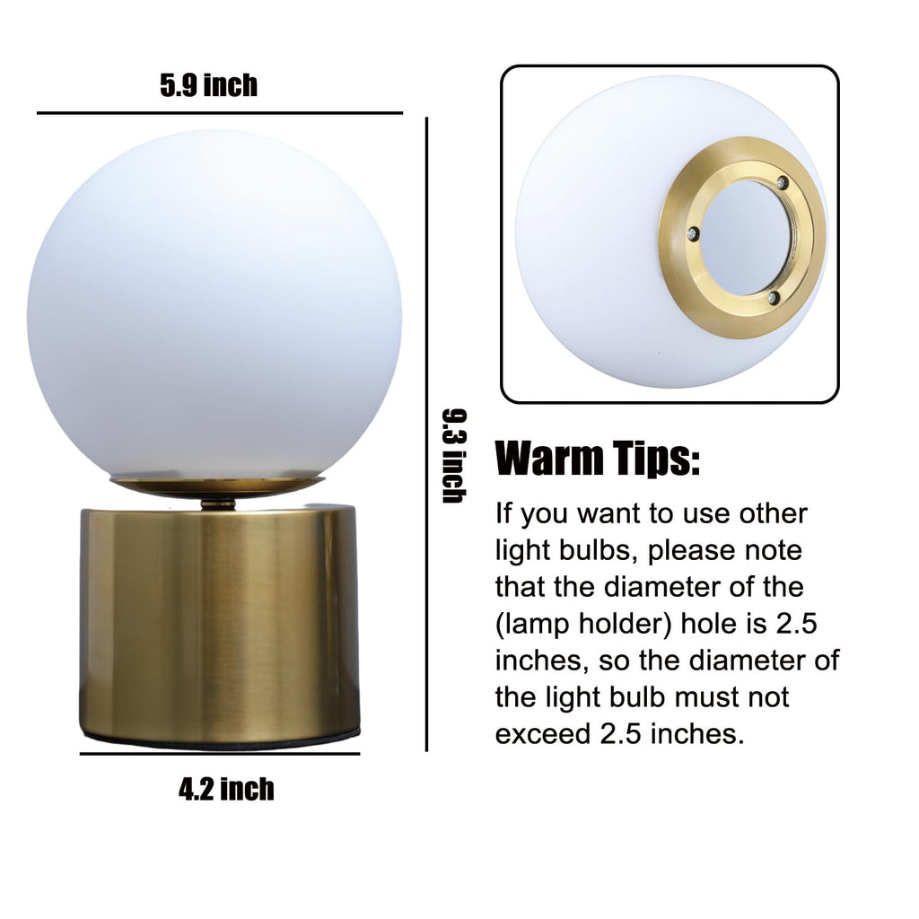 9.3 Ins Modern Gold Globe Table Lamp, Round Bedside Nightstand Lamp with White Glass Shade Metal Base Desk Lamp