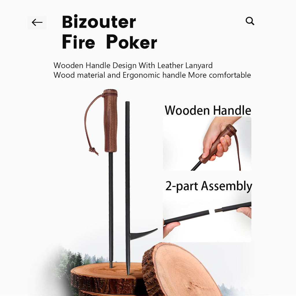 2-in-1 34inch Foldable Fire Poker for Fire Pit & Blow Stick, Wooden Handle