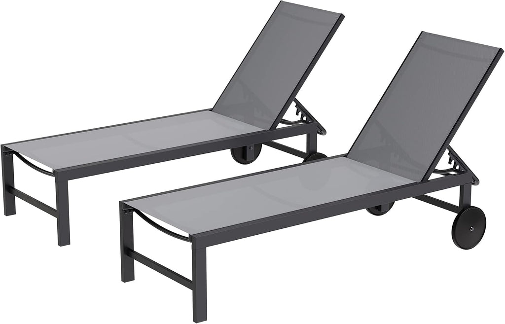 2 PCS Outdoor Chaise Lounges Chair with Wheels Aluminum Reclining Patio Lounge Chairs with 5 Adjustable Position