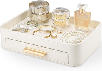 PU Leather Valet Tray with Drawer, Nightstand Organizer Catch All Tray for Jewelry Perfume Purse Trinket Key Holder