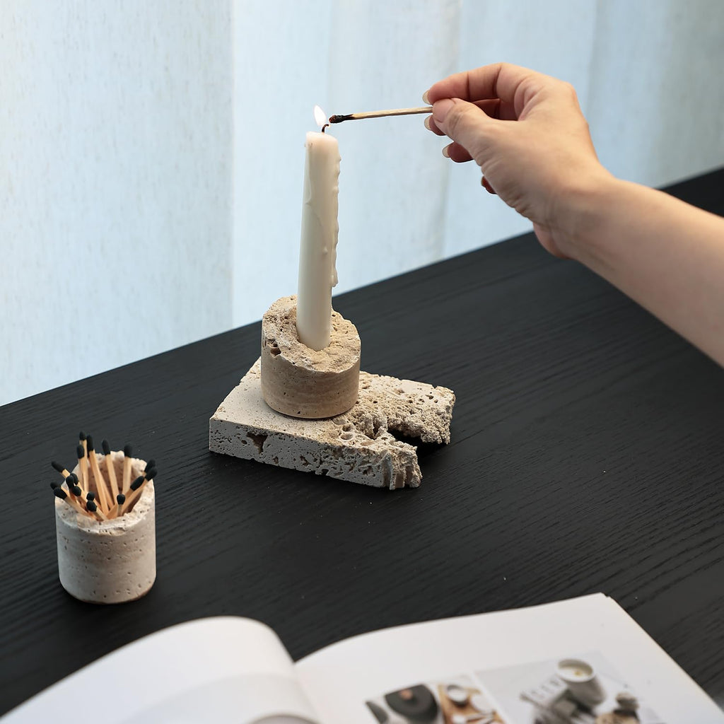 Match Holder with Striker Handmade Travertine Box Matches in a jar - Set of 2