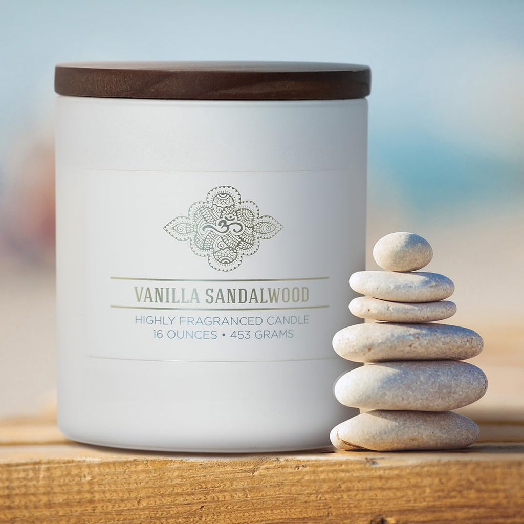 Vanilla Sandalwood Scented Candle, 16 oz Wellness Relaxing Aromatherapy Candle, 2 Wick White Jar Soy Blend Wax