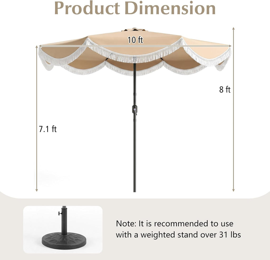 Patio Umbrella with Fringe, Boho Scalloped Canopy & Crank Lift - Beige 10 FT