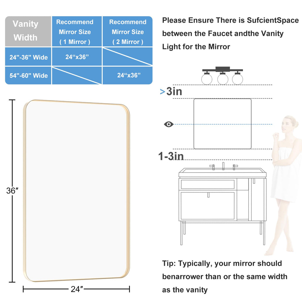 Brushed Gold Bathroom Mirror 24x36 Inch, Rounded Rectangular Bathroom Mirrors, Aluminum Alloy Frame Bathroom Mirror