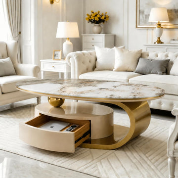Oval Faux Marble Coffee Table with Storage Drawer, Luxury Gold Stainless Steel Base & Clear Tempered Glass Tabletop