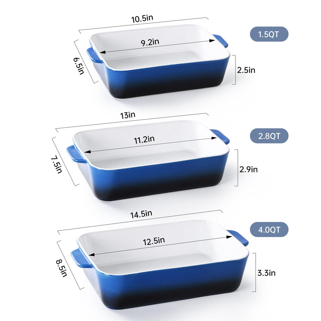 Ceramic Casserole Dish Set, Rectangular Baking Pans for Oven, Blue
