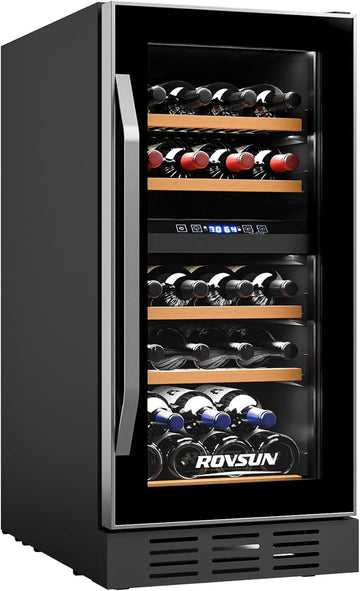 26 Bottle Wine Fridge, Dual Zone Wine & Beverage Refrigerator w/Independent Temp