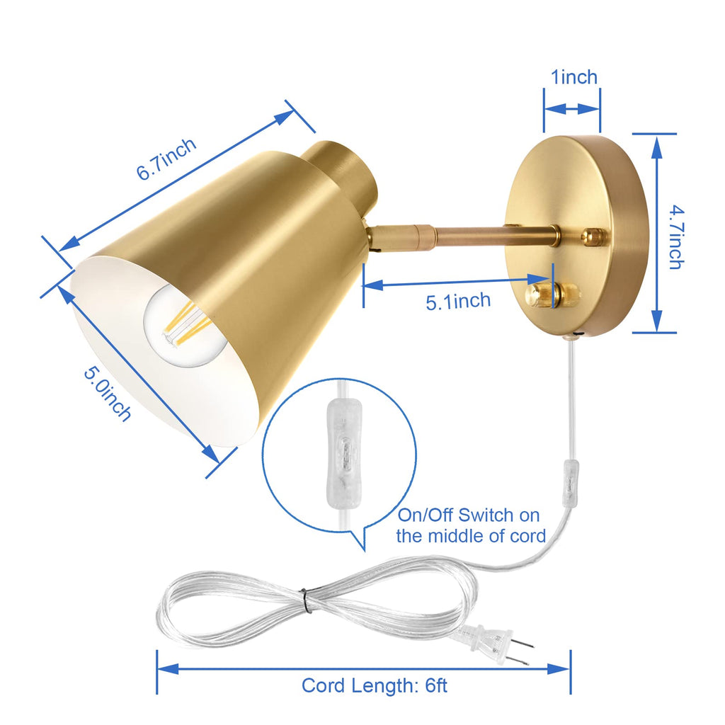Plug in Wall Sconces, Dimmable Wall Sconces Adjustable Angle Wall Lights with Plug in Cord and Dimmer On/Off Knob