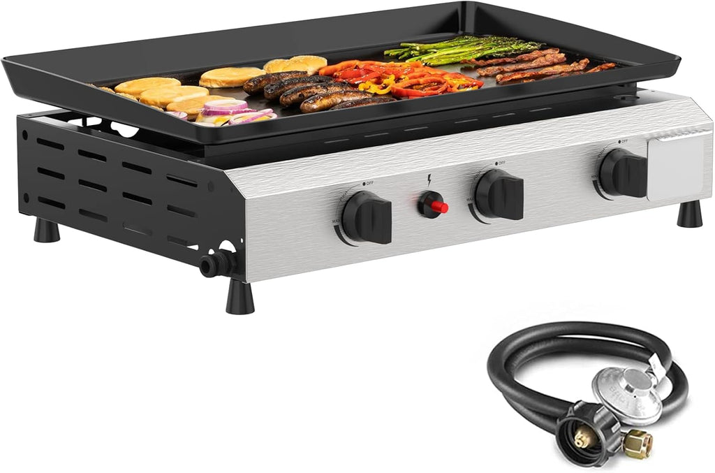 3-Burner Propane Gas Griddle, 23.3-Inch Outdoor Flat Top Grill, 30,000 BTU Portable Camping Griddle