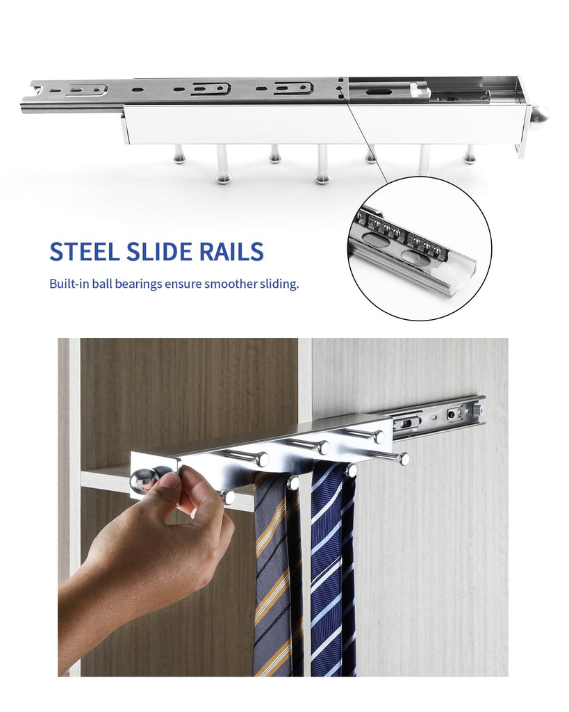 Valet Rod for Closets Pull Out 13" Silver with 7 Hooks
