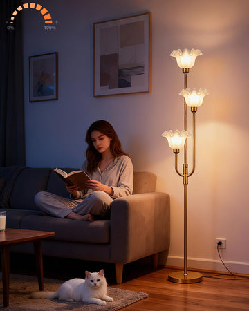 66IN Flower Floor Lamp 3-Lights Vintage Floor Lamps with 3000K Bulbs Included for Wedding Party Modern Dimmable Gold