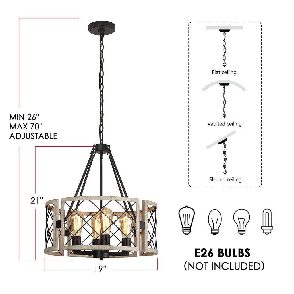 D19'' Farmhouse Chandelier, 4-Light Adjustable Dining Room Light Fixture Kitchen Island Lighting, Rustic Hanging