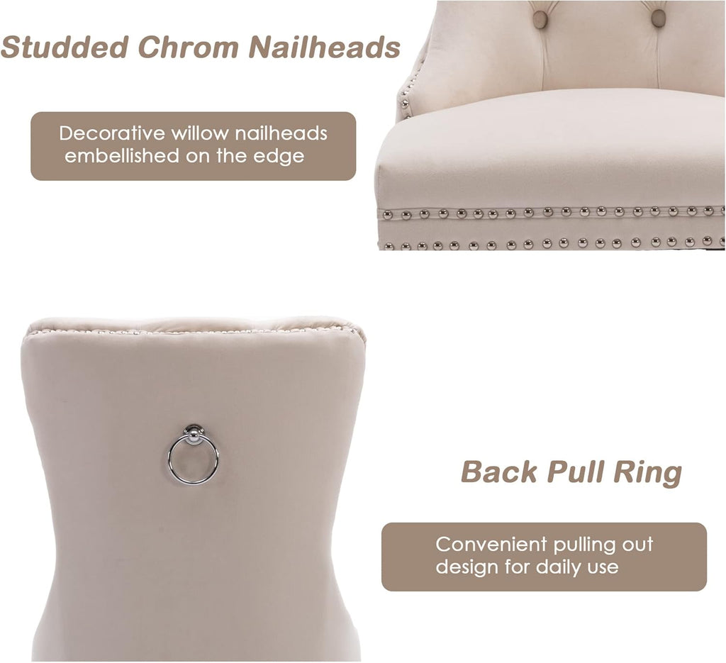 KCC Velvet Dining Chairs Set of 2, Upholstered High-end Tufted Dining Room Chair with Nailhead Back Ring Pull Trim