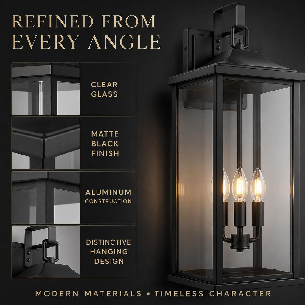 24 Inch 1 Pack Outdoor Wall Sconce, 3-Light Candelabra Exterior Porch Light with Clear Glass, Matte Black Finish