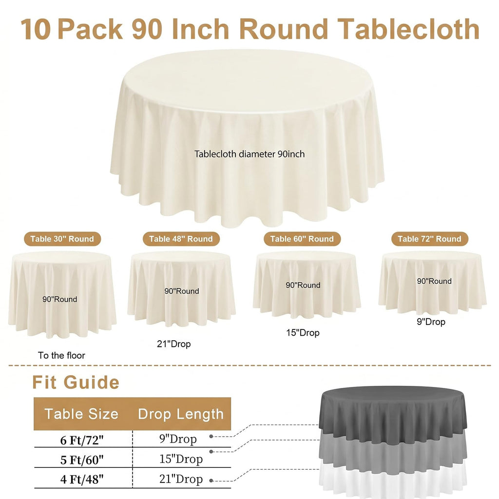 10 Pack Round Tablecloth 90 Inch Ivory, Polyester Fabric Round Table Cover, Stain & Wrinkle Resistant Washable Table