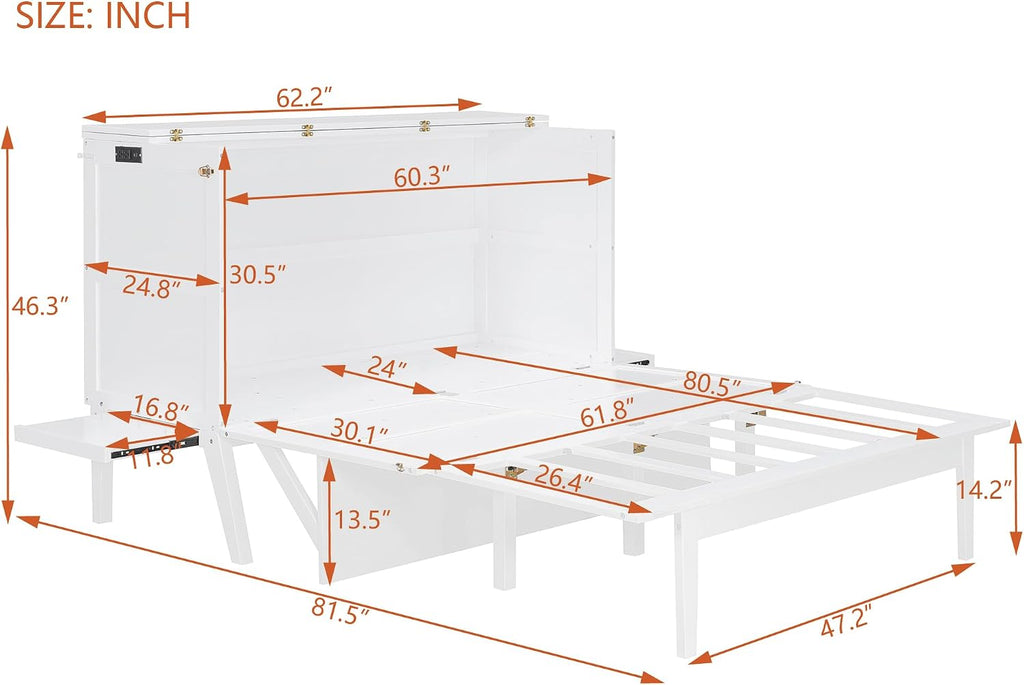 Queen Murphy Bed with Slide-Out Nightstand Shelves on Each Side & USB Port, 2-in-1 Foldable Bed Desk Wood MDF Murphy