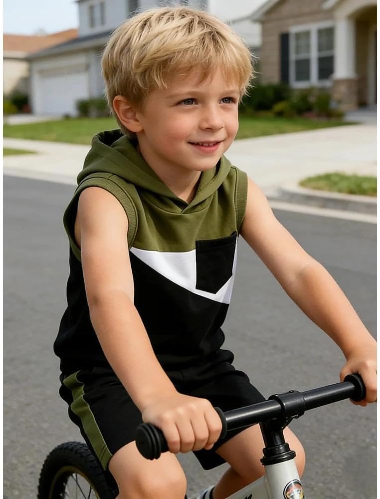 Toddler Boy's 2 Piece Outfits Color Block Sleeveless Hoodie Tank Tops & Shorts Set Boys Summer Clothes