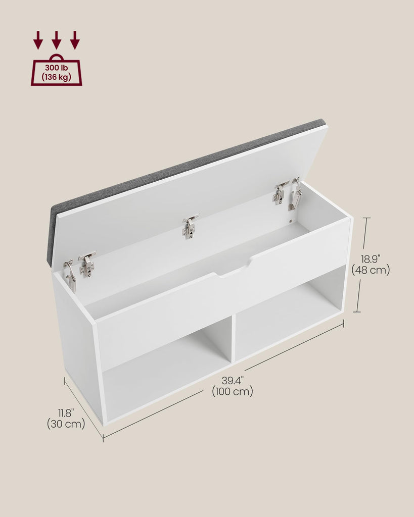 Shoe Storage Bench with Cushion, 2 Open and 1 Hidden Compartments