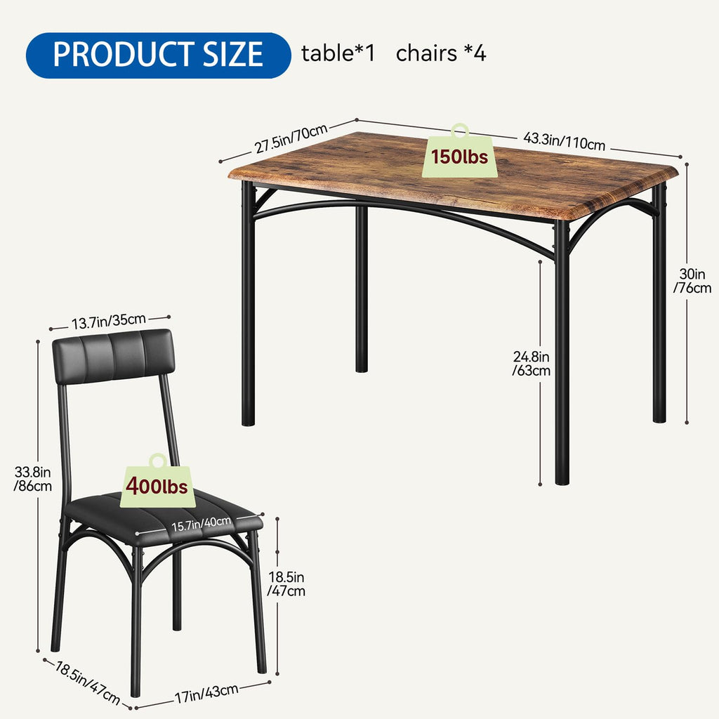 Dining Table Set for 4, Kitchen Table and Chairs for 4 with Upholstered Chairs, 5 Piece Rectangular Kitchen Table