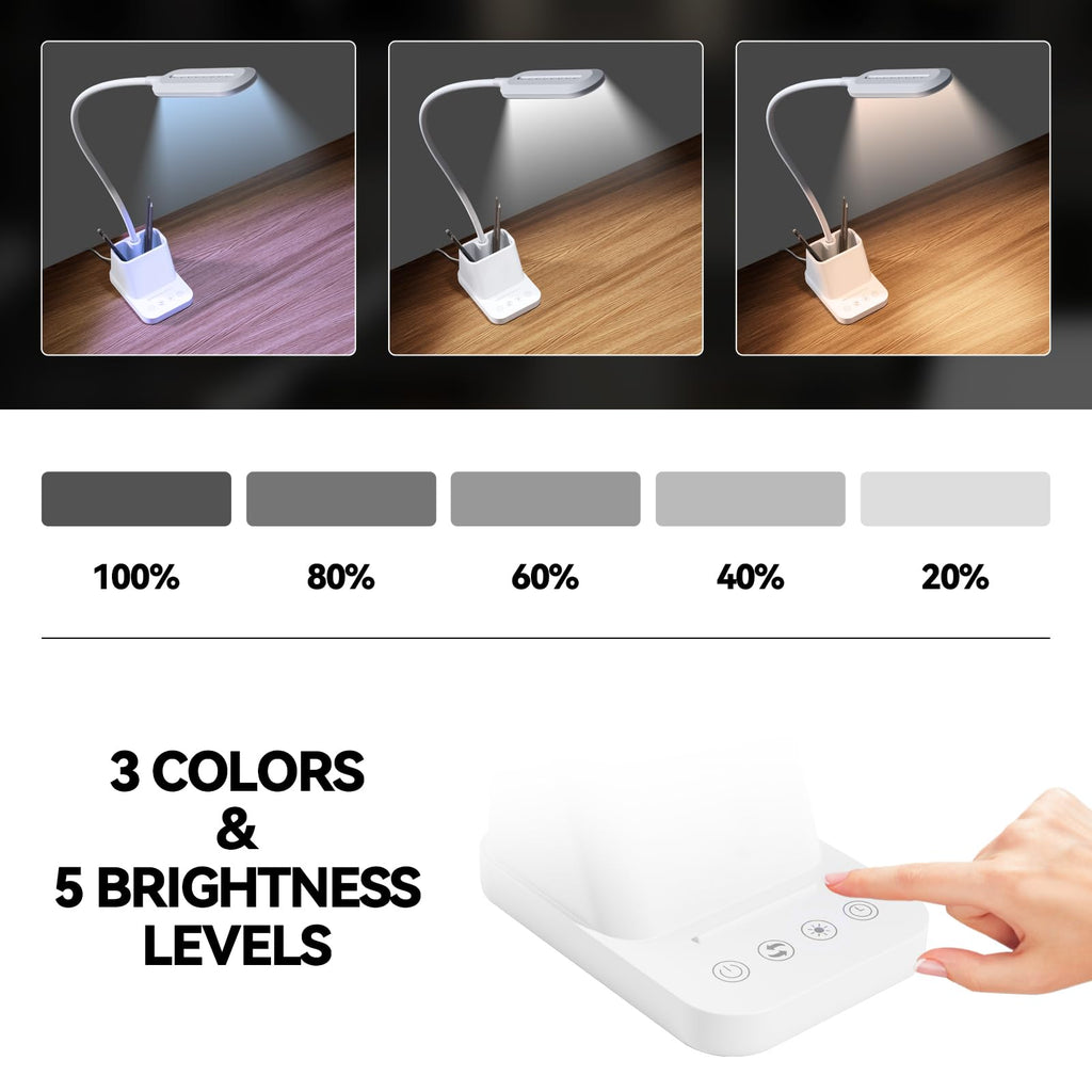 White LED Desk Lamp with USB Charging Port, Study Table Light