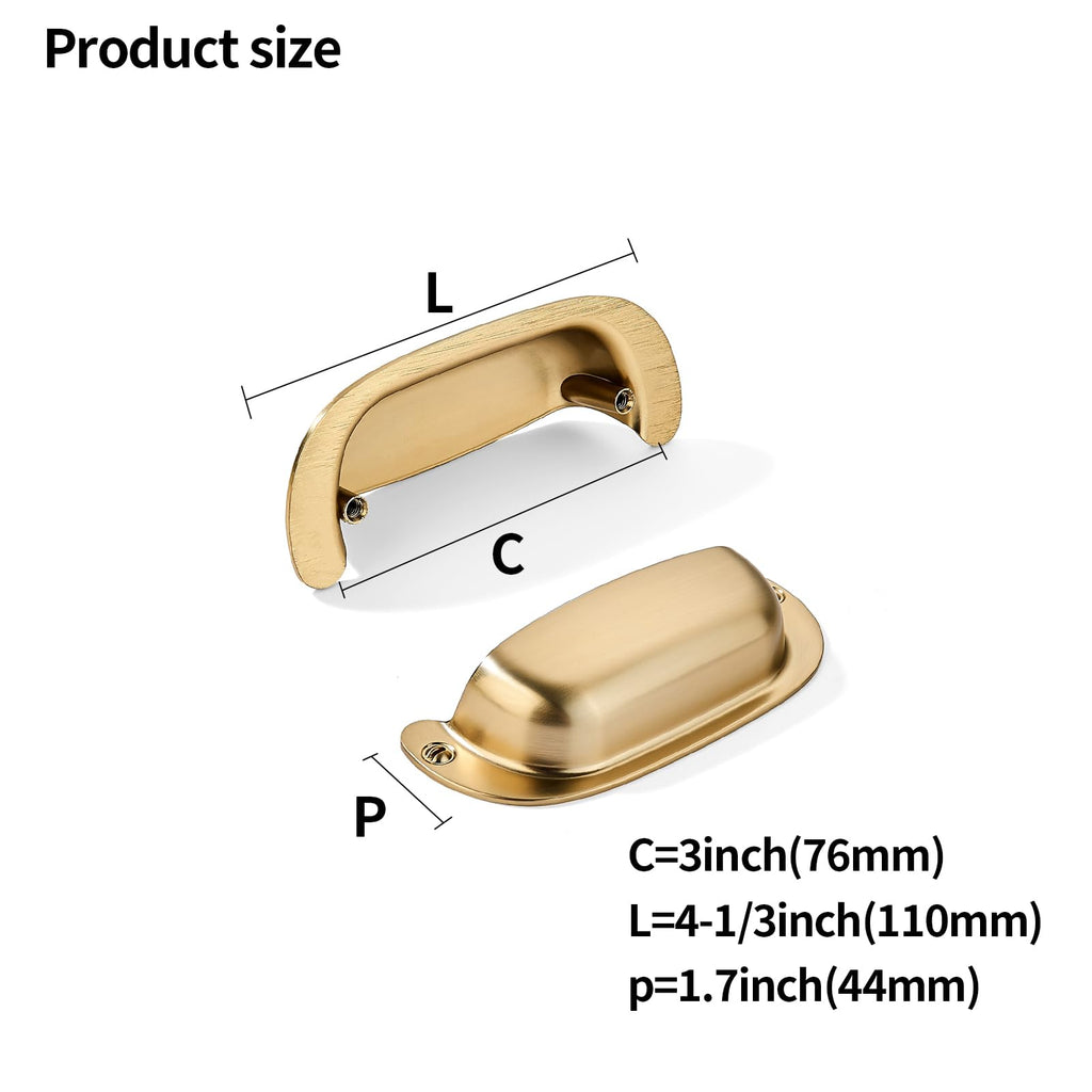 2 Pack 3"(76mm) Hole Center Retro Satin Brass Drawer Pulls Brushed Brass Cabinet Bin Cup Pulls Bathroom Hardware