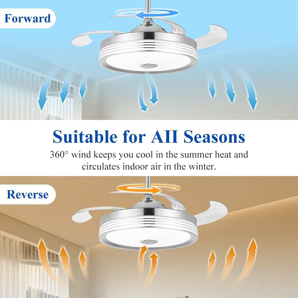 48 inch Modern Retractable Ceiling Fan with Lights and Remote Control, 6Speed Dimmable Fandelier, Smart Ceiling Fan