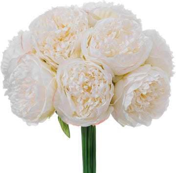 Off White Realistic Silk Peonies Bouquet, Waterproof & UV Resistant Faux Peony Flowers, All-Weather Artificial - Set of 10