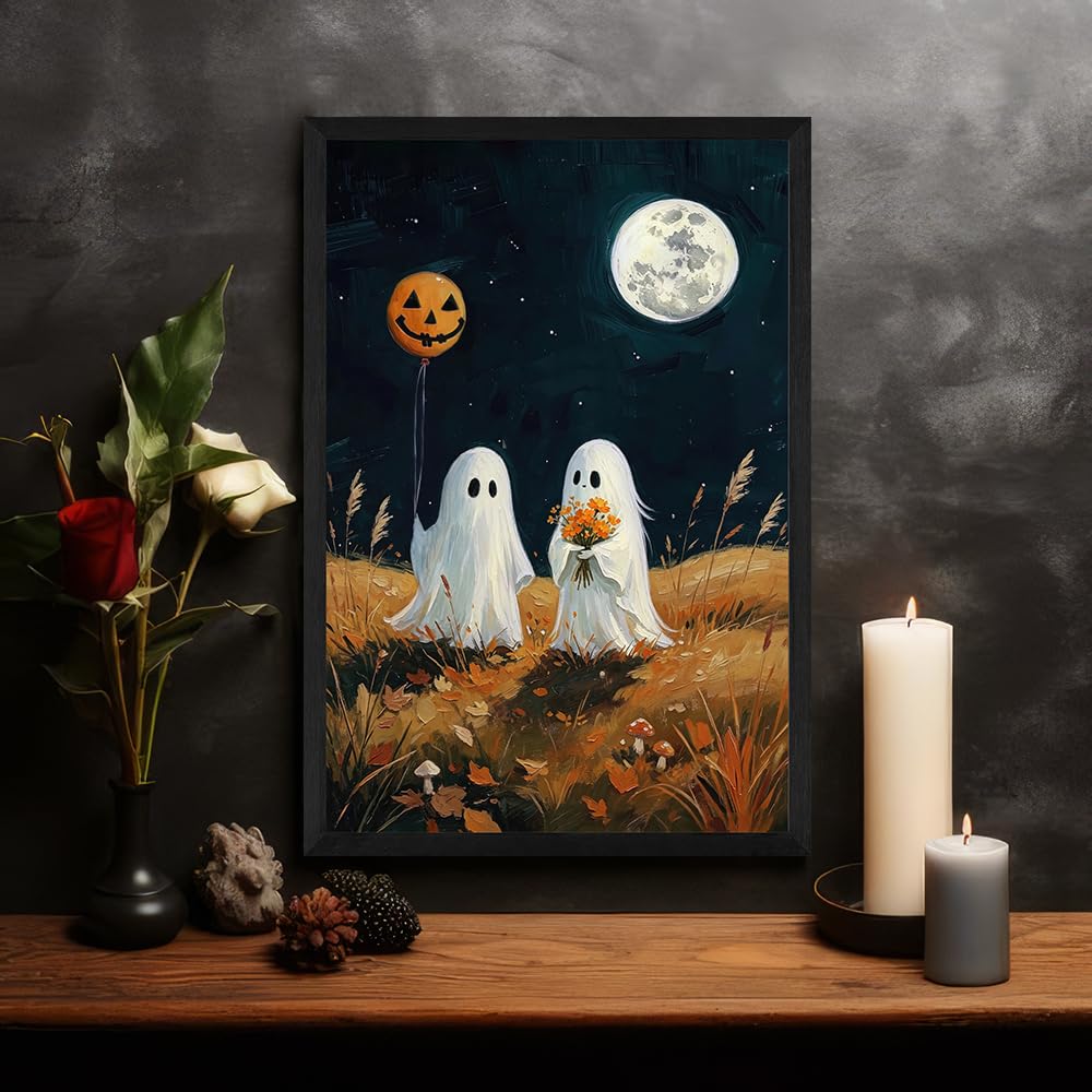 Halloween Ghost Canvas Wall Art Cute Ghost Pumpkin Moon Landscape Vintage Farmhouse Framed Wall Decor Hallway Autumn