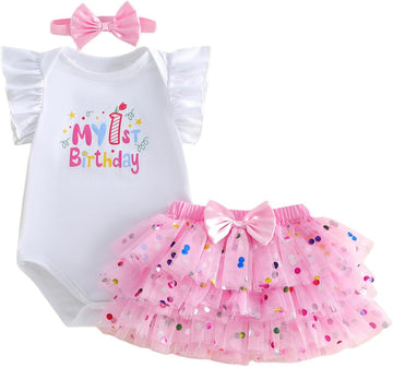 First Birthday Outfit Girl Clothes Short Sleeve Romper Tops Tutu Skirts Baby Bows Summer Clothes One Year Old