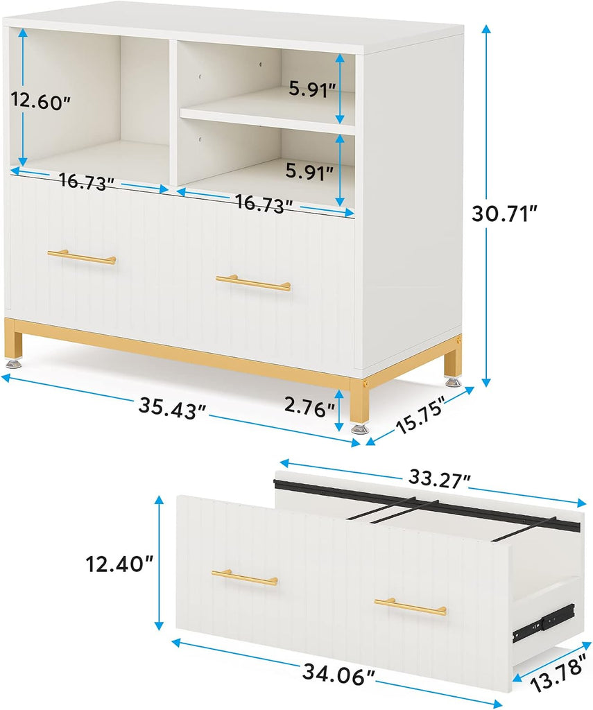 Lateral File Cabinet with Drawer, White Filing Cabinet for Letter/Legal/A4 Size Files, 35.4" Modern Wood File Storage