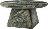 Modern 31.88” Round Coffee Table with Stone-Look Finish and Sculpted Pedestal Base