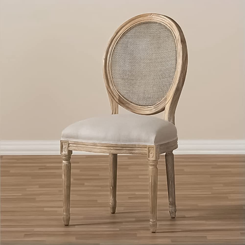 Set of 2 French Country Dining Chairs | Upholstered Linen Welted Padded Fabric with Natural Rustic Wooden Frame