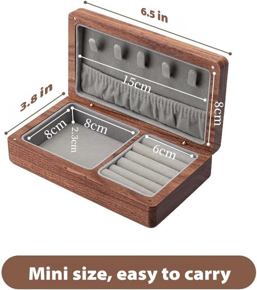 Small Wooden Jewelry Box, Vintage Delicate Walnut Wood Jewelry Case, Ideal Gift for Man Women, Protable Travel