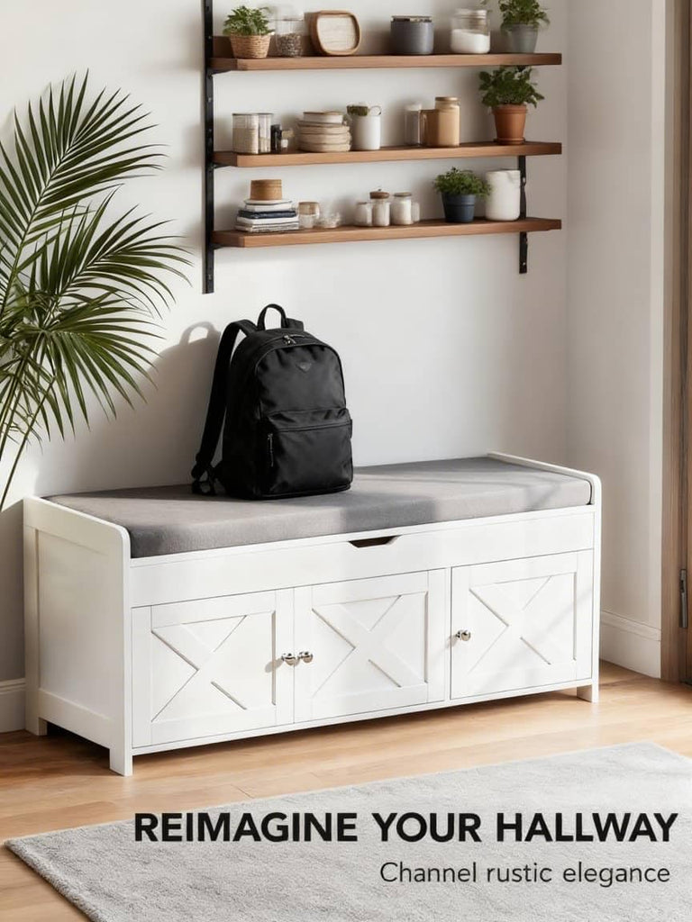 Farmhouse Shoe Storage Bench with Cushion, 3 Doors & Lift-Top Storage, Adjustable Shelves, 300 lbs Capacity Entryway