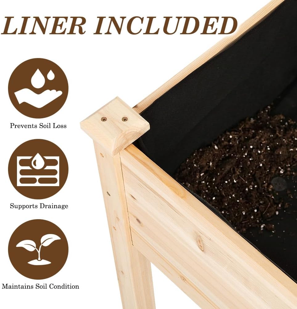 Raised Garden Bed with Legs, 32x16x30 inch Wood Elevated Planter with Protective Liner for Vegetable Flower Herb