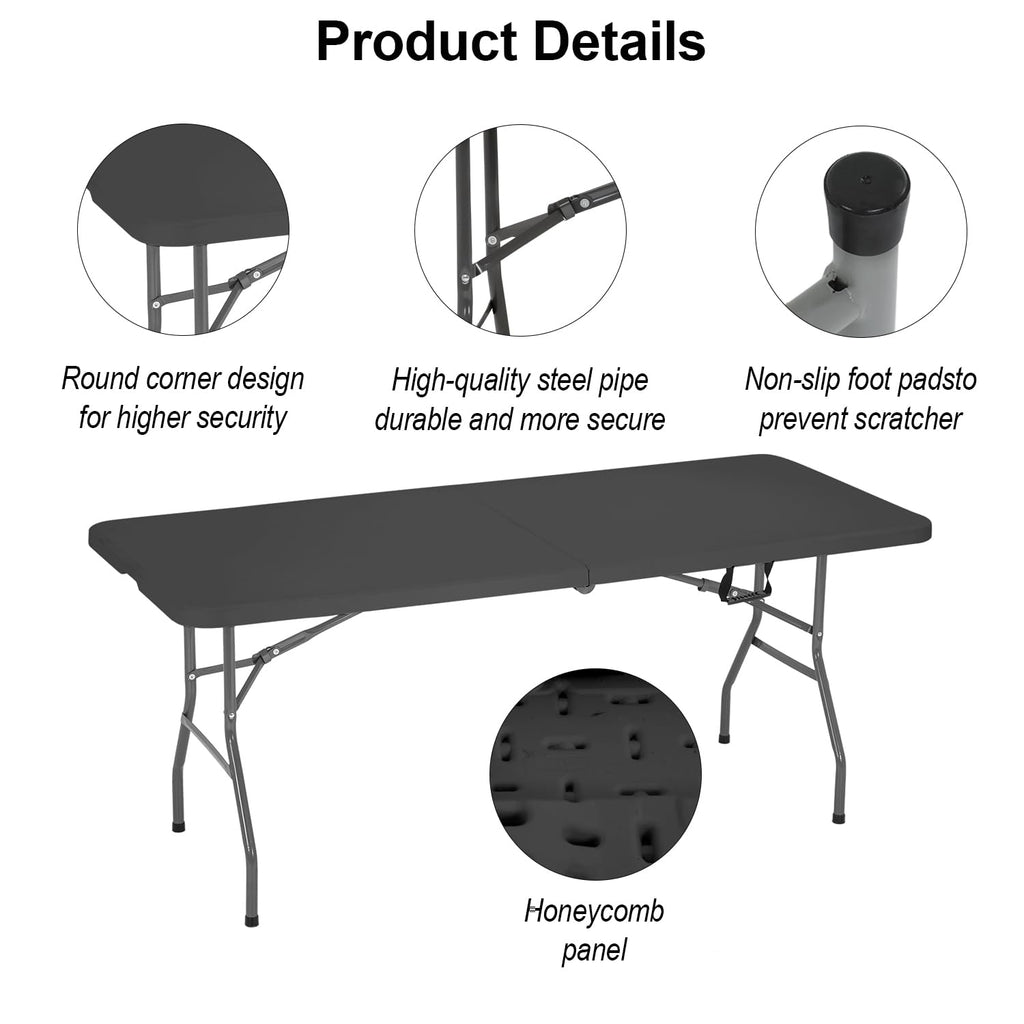 Folding Table 6FT Portable Plastic Camping Table Foldable Table Light Weight Plastic Dining Table Indoor Outdoor for